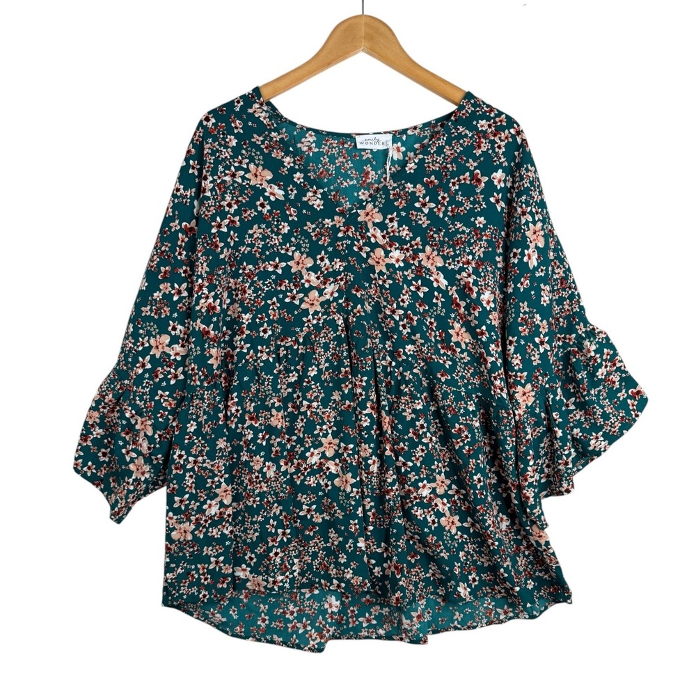 NWT emily WONDER Womens Green Floral Print Blouse size 1X